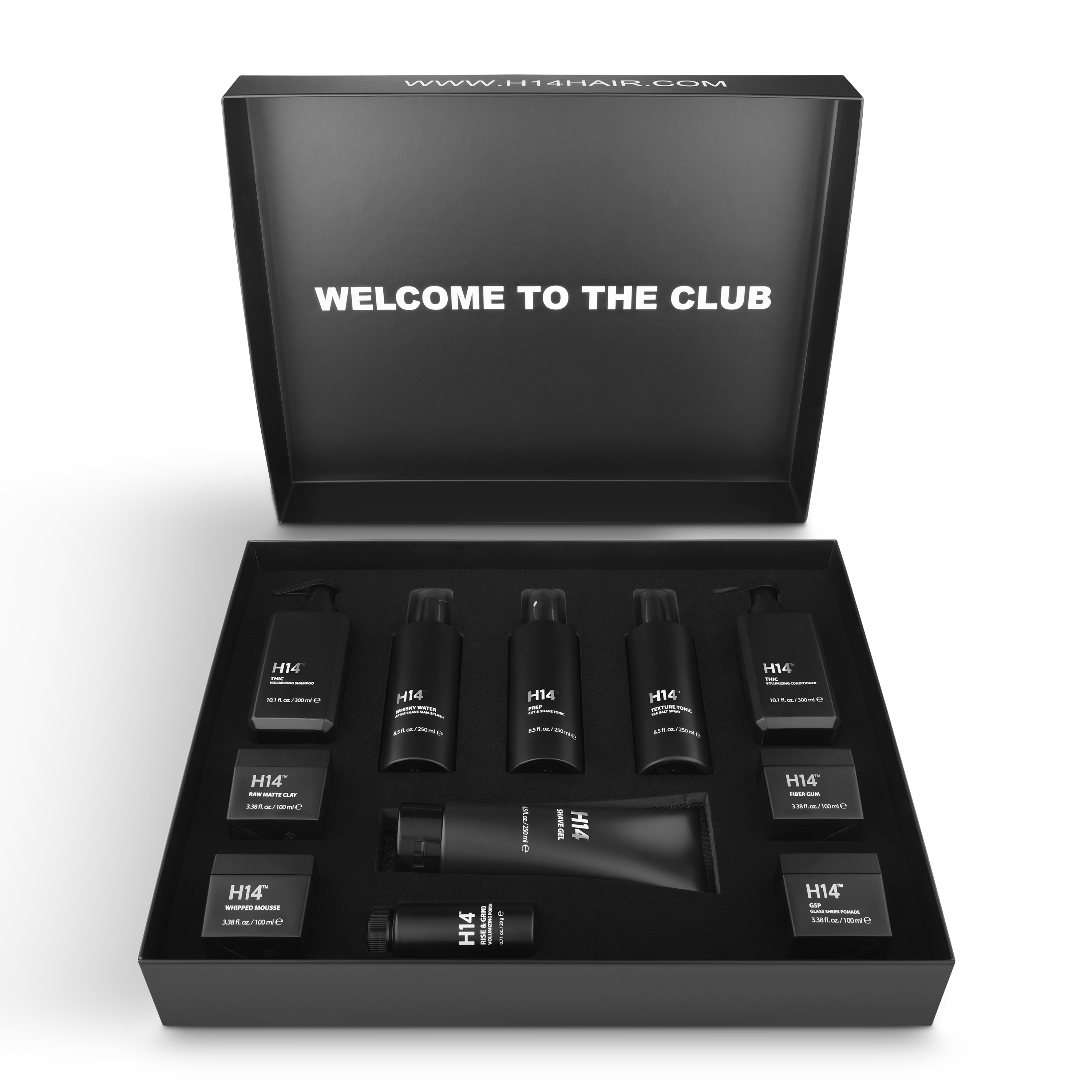 H14 Collection – Men's luxury grooming and styling set with full-sized products for hair, shave, and style