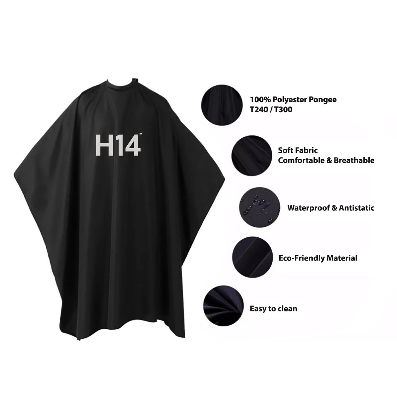 H14 Pro Cutting Cape – Lightweight, water-resistant professional cape for haircuts, color black